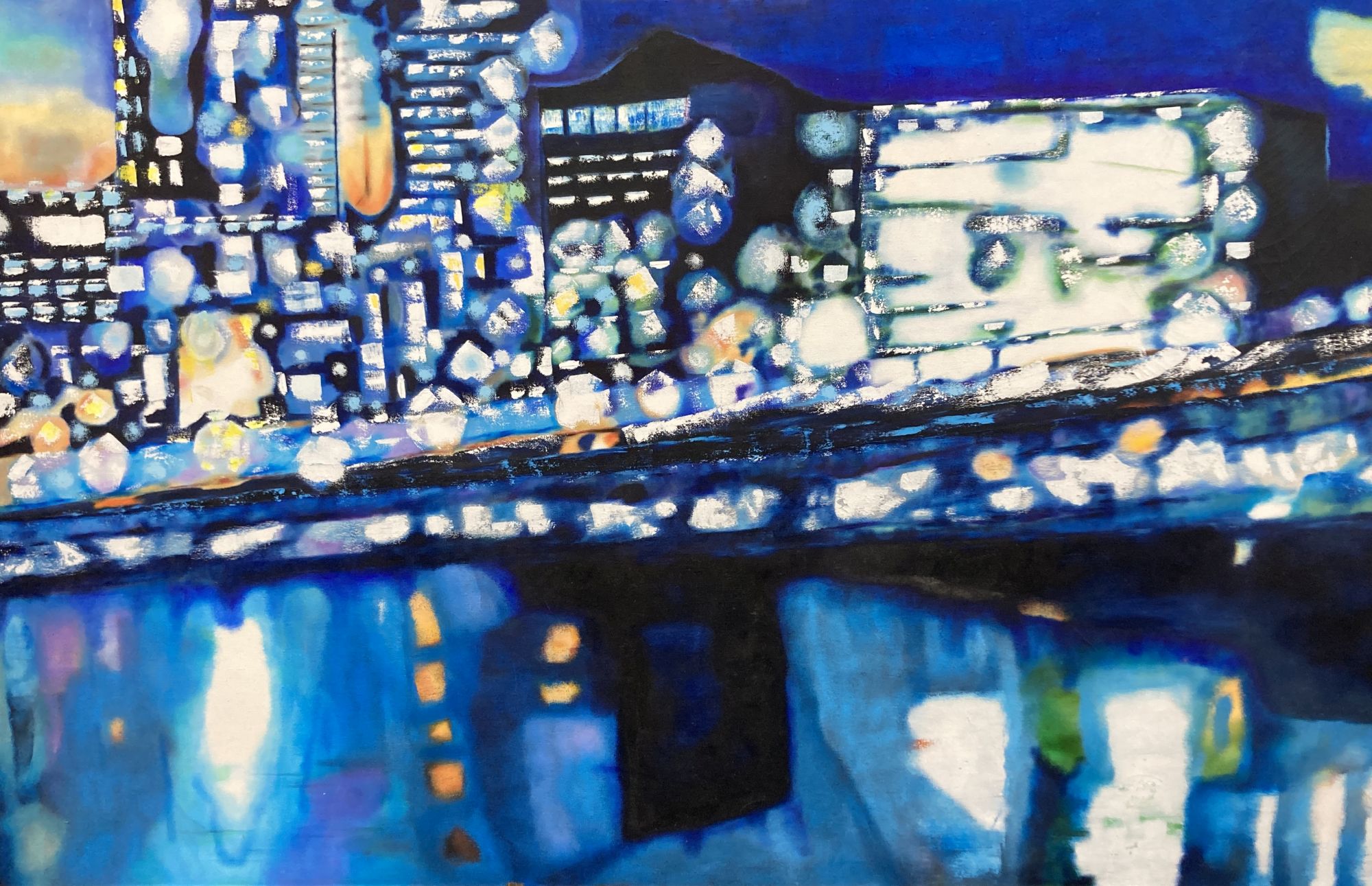 Sharon Rosa Seymour (Contemporary), oil on canvas, Waterside buildings at night, 102 x 168cm, unframed
